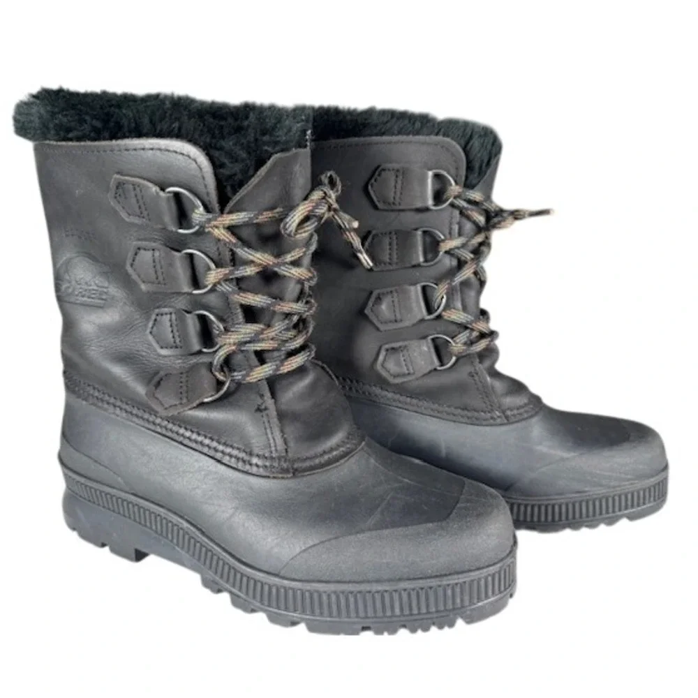 Sorel Badger Women's Black Leather Waterproof Winter Snow Boots Fur Lined - 7